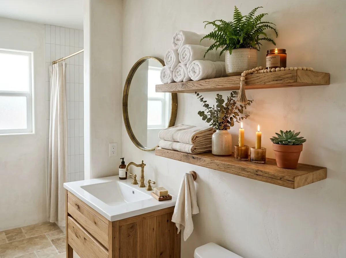 Farmhouse bathroom with wooden floating shelves